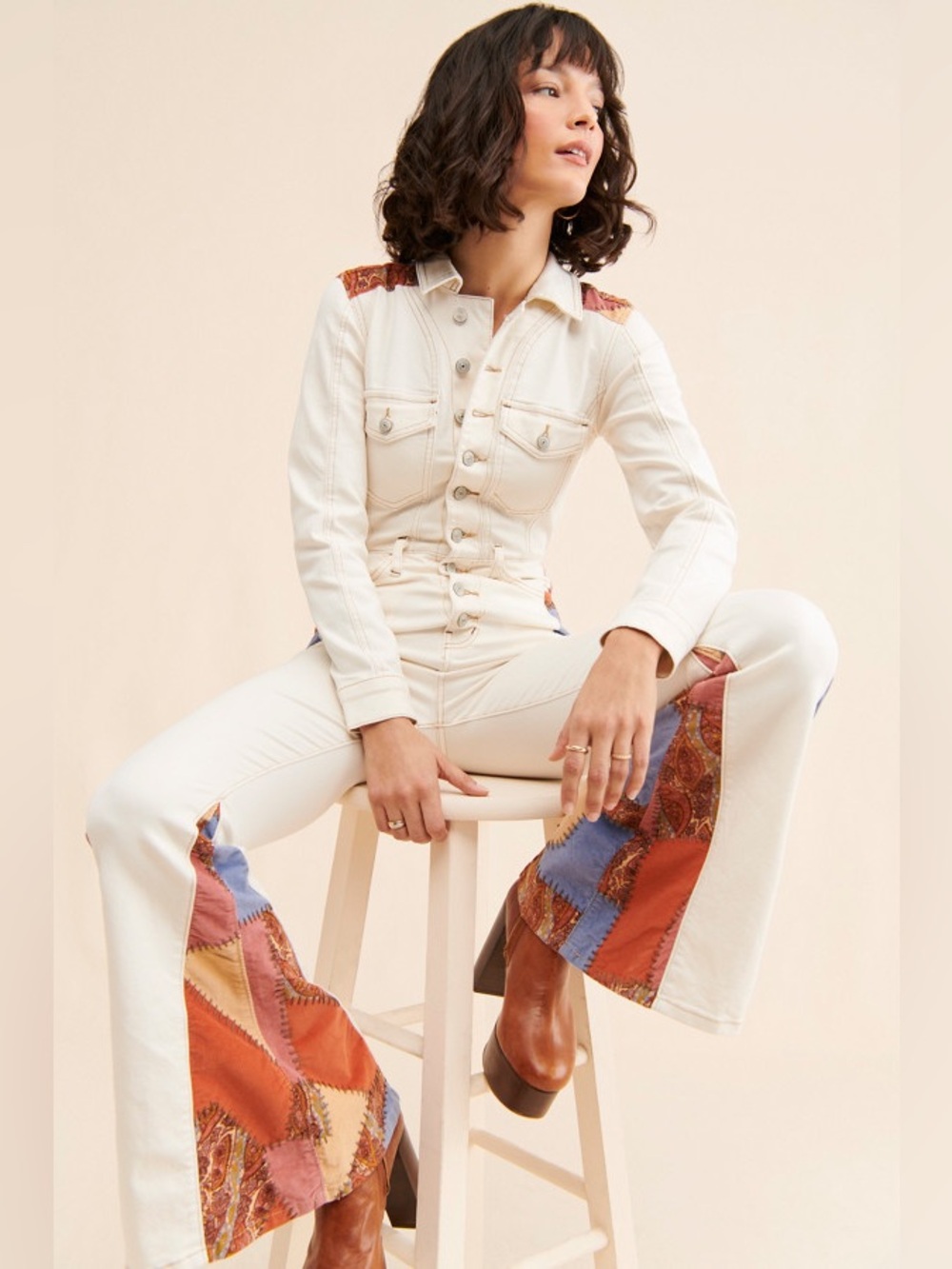 Free People Midas ivory denim corduroy patchwork flared  jumpsuit